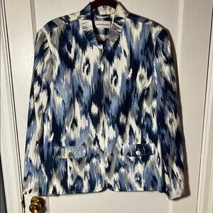 Alfred Dunner 20 Blue and White Patterned Blazer Zip Front Office Textured Plus